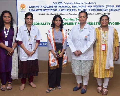 Welcome and felicitation Ms. Kanchan Yadav, Trainer, Brandtouch & Analytics Pvt. Ltd., Mumbai by SCPHR and SIHS
(From left to right) Mrs. Asma Mokashi, faculty SCPHR; Dr. Amrita Tomar, faculty SIHS, felicitation Ms. Kanchan Yadav, Trainer, Brandtouch & Analytics Pvt. Ltd., Mumbai; Dr. Seemi Retharekar, Principal SIHS; Dr. Seema Pattewar, faculty SCPHR.